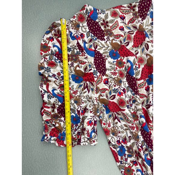 WOMEN LOFT Peacock Ruffle Cinched Sleeve V-Neck Top M - Picture 5 of 15